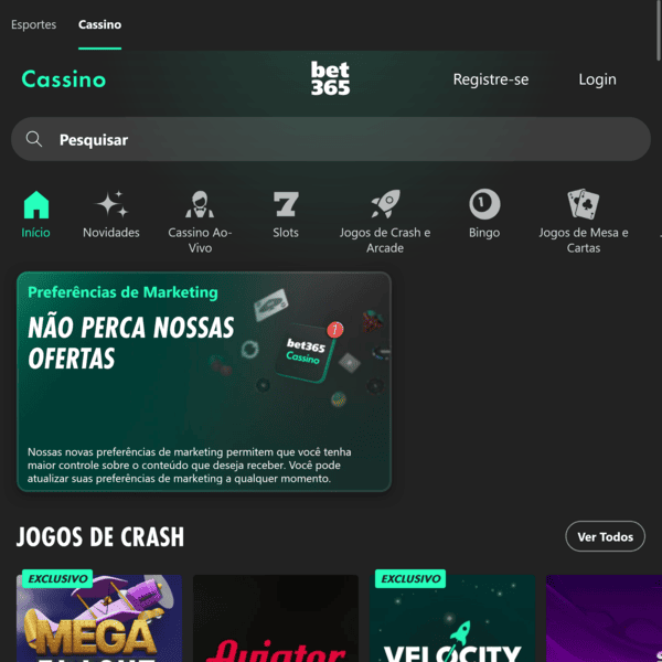 Menu principal de jogos do cassino