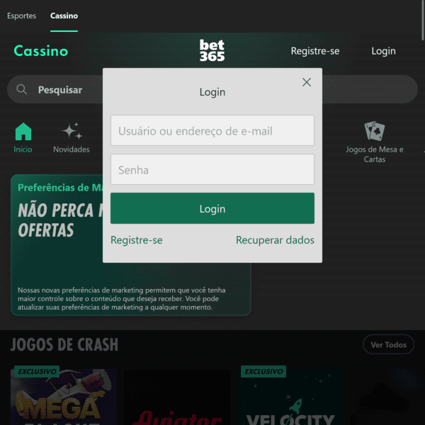 Página inicial do cassino Bet365